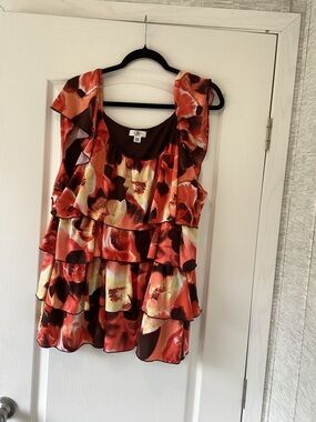 Cato Coral and Brown Tiered Floral Ruffle blouse 26/28W EUC